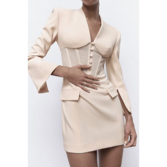 ZARA CORSET BLAZER DRESS BEIGE - Picture 1 of 16